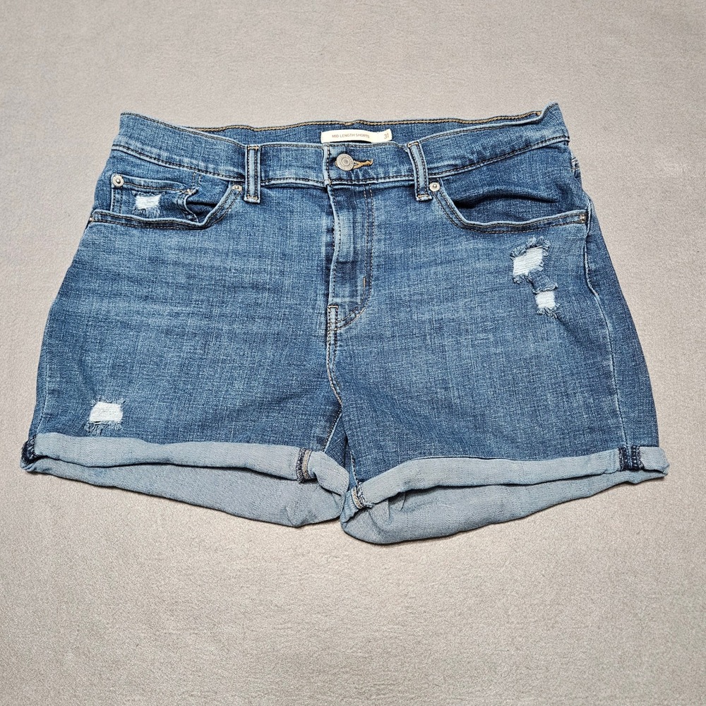 Levi's Jean Shorts Womens Sz 31 Mid Length Blue Distressed Cuffed Denim
